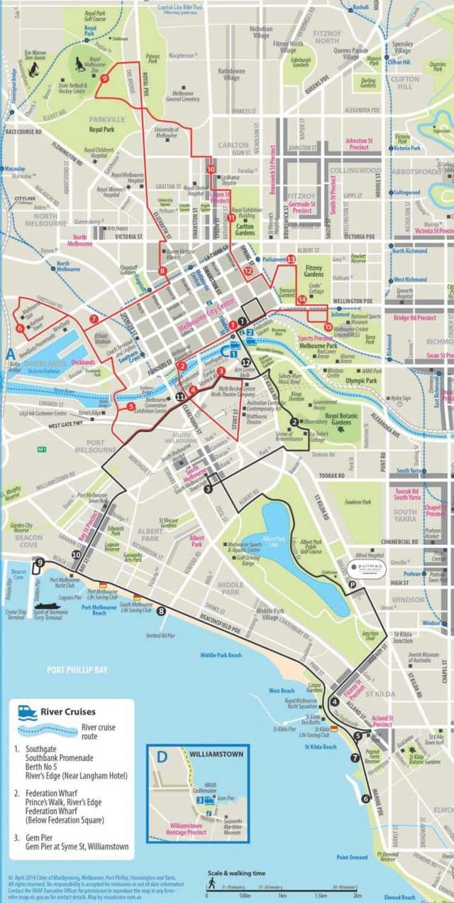 Mapa de los recorridos en autobús Hop On Hop Off de Melbourne