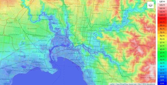 Mapa de elevación de Melbourne