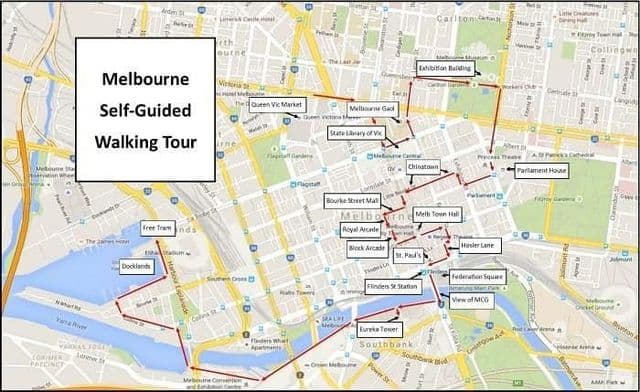 Mapa de los recorridos a pie en Melbourne