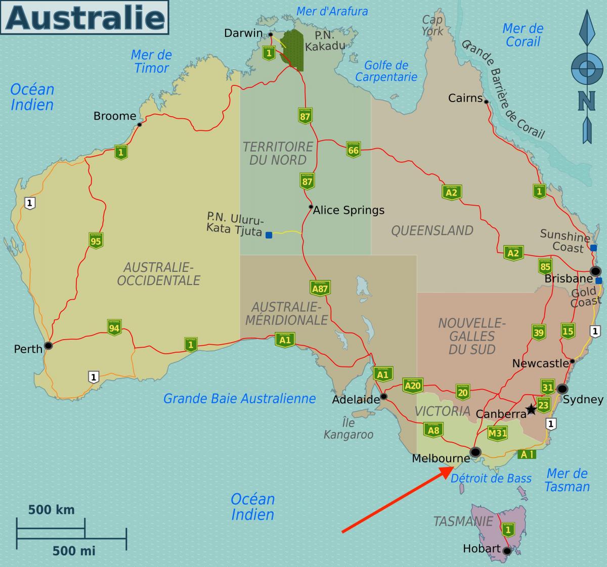 Melbourne en el mapa de Victoria - Australia